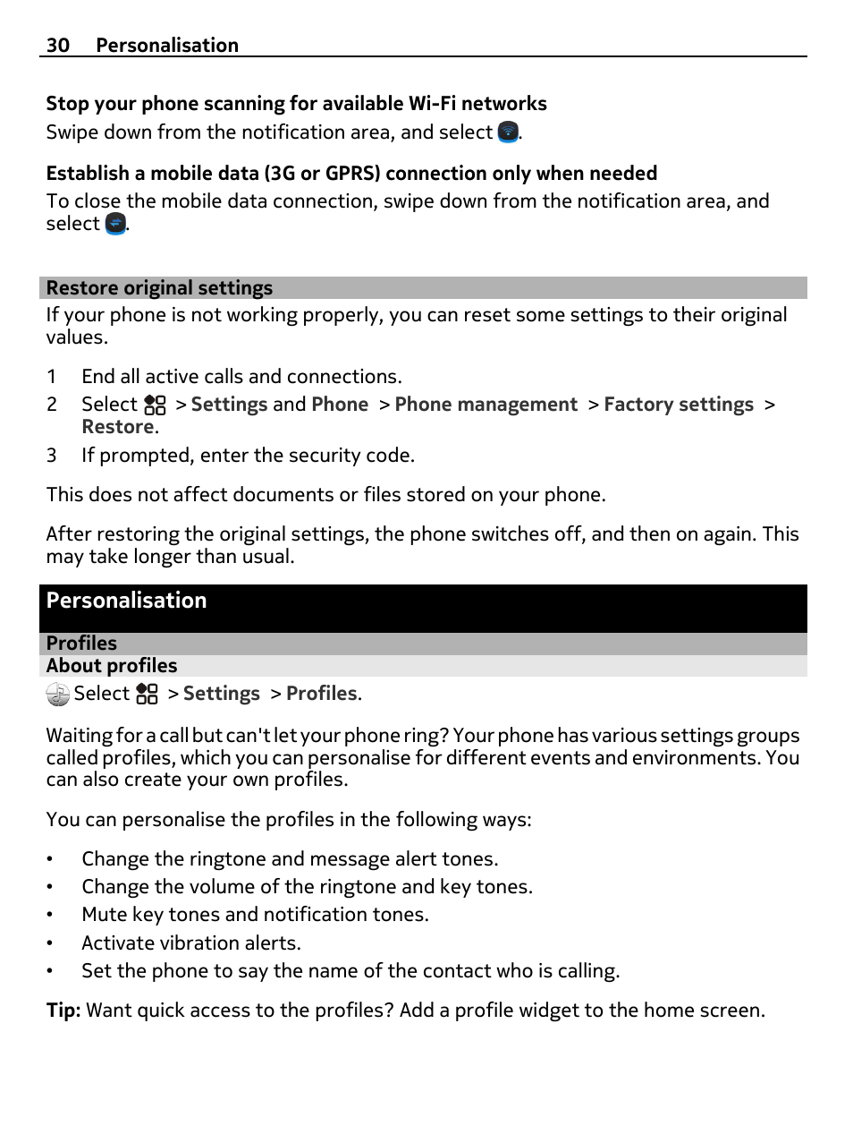 Restore original settings, Personalisation, Profiles | About profiles | Nikon Nokia C6-01 User Manual | Page 30 / 130