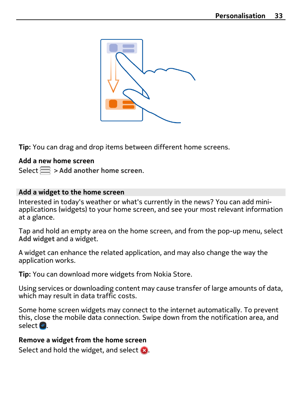 Add a widget to the home screen | Nikon Nokia C6-01 User Manual | Page 33 / 130