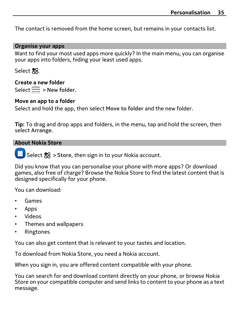 Organise your apps, About nokia store | Nikon Nokia C6-01 User Manual | Page 35 / 130