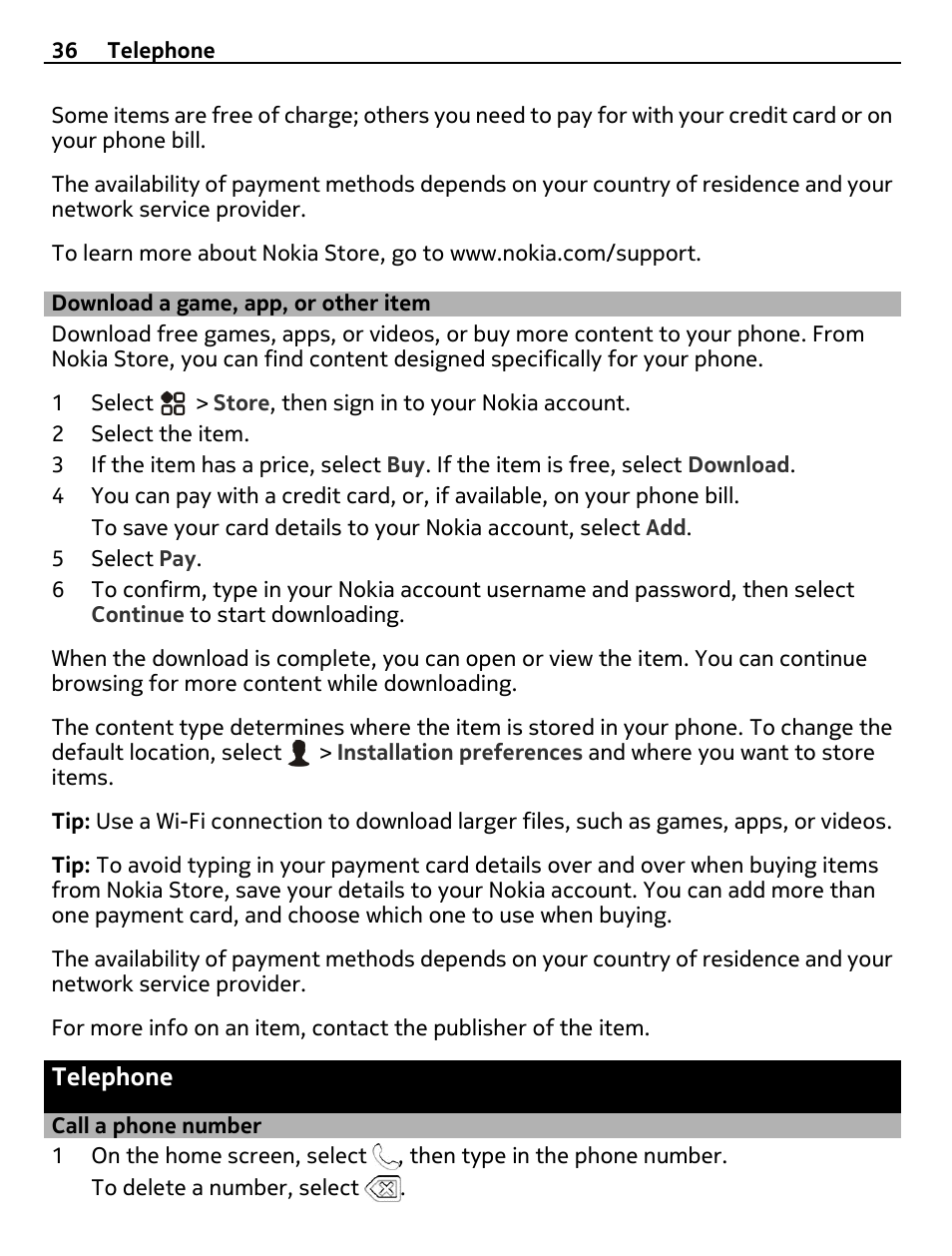 Download a game, app, or other item, Telephone, Call a phone number | Download a game, app, or other, Item | Nikon Nokia C6-01 User Manual | Page 36 / 130