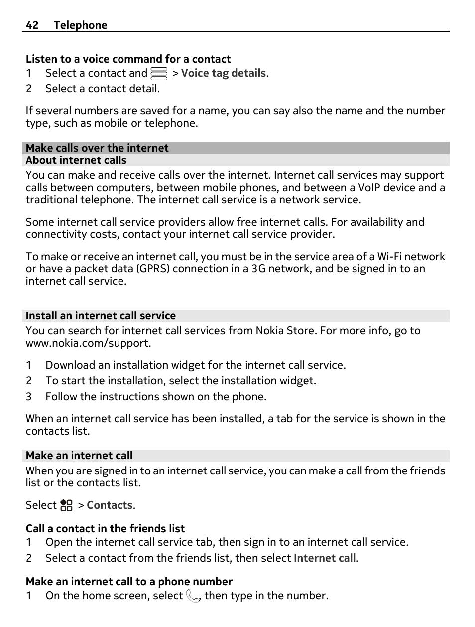 Make calls over the internet, About internet calls, Install an internet call service | Make an internet call | Nikon Nokia C6-01 User Manual | Page 42 / 130