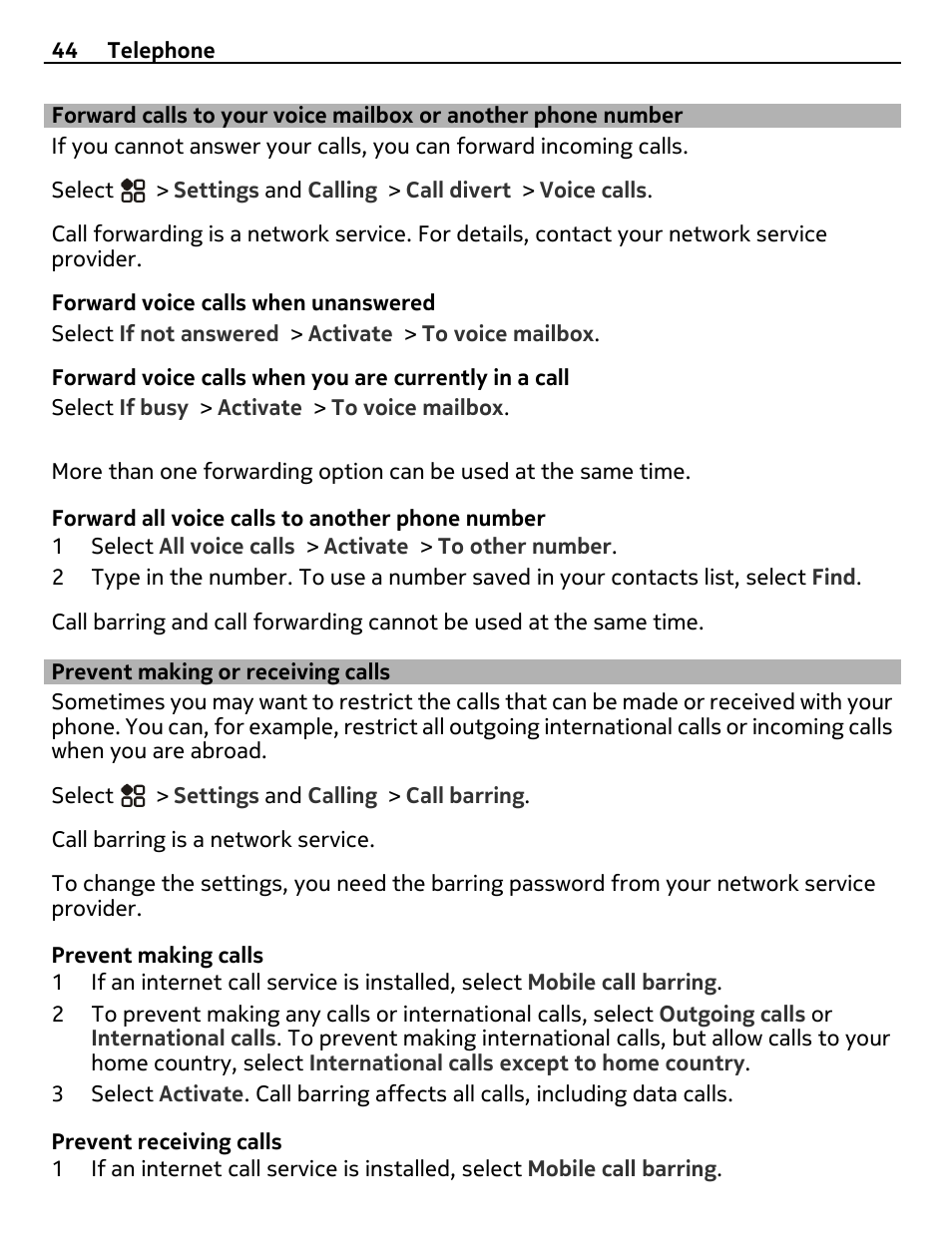 Prevent making or receiving calls, Forward calls to your voice mailbox or, Another phone number | Nikon Nokia C6-01 User Manual | Page 44 / 130