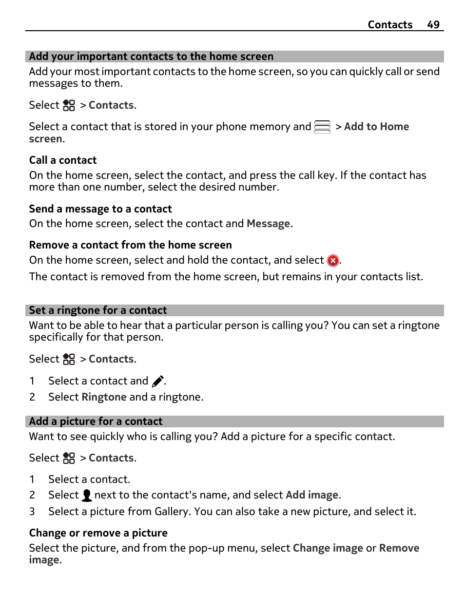 Add your important contacts to the home screen, Set a ringtone for a contact, Add a picture for a contact | Add your important contacts to the, Home screen | Nikon Nokia C6-01 User Manual | Page 49 / 130