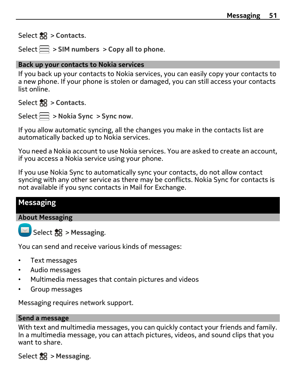 Back up your contacts to nokia services, Messaging, About messaging | Send a message, Back up your contacts to nokia, Services | Nikon Nokia C6-01 User Manual | Page 51 / 130