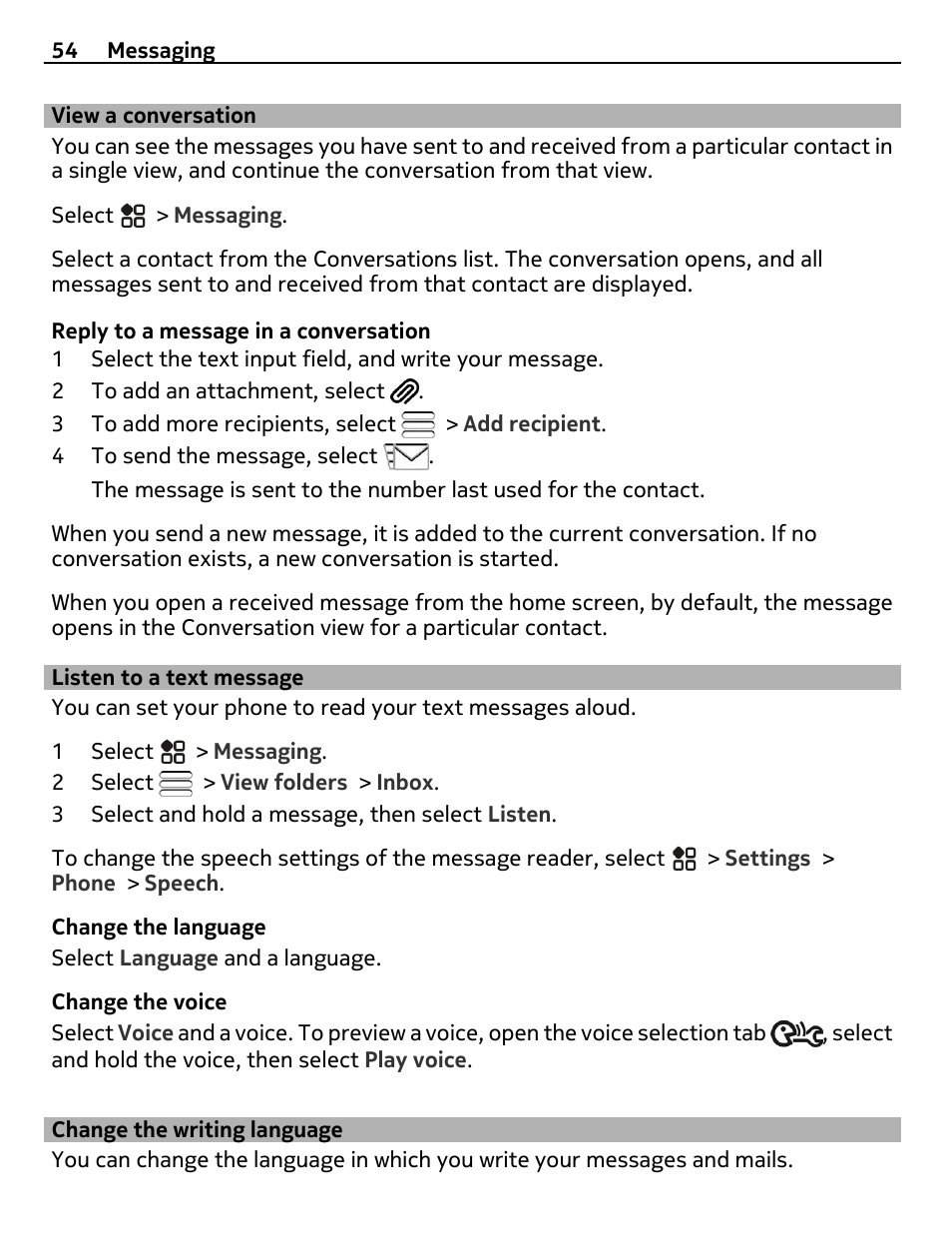 View a conversation, Listen to a text message, Change the writing language | Nikon Nokia C6-01 User Manual | Page 54 / 130