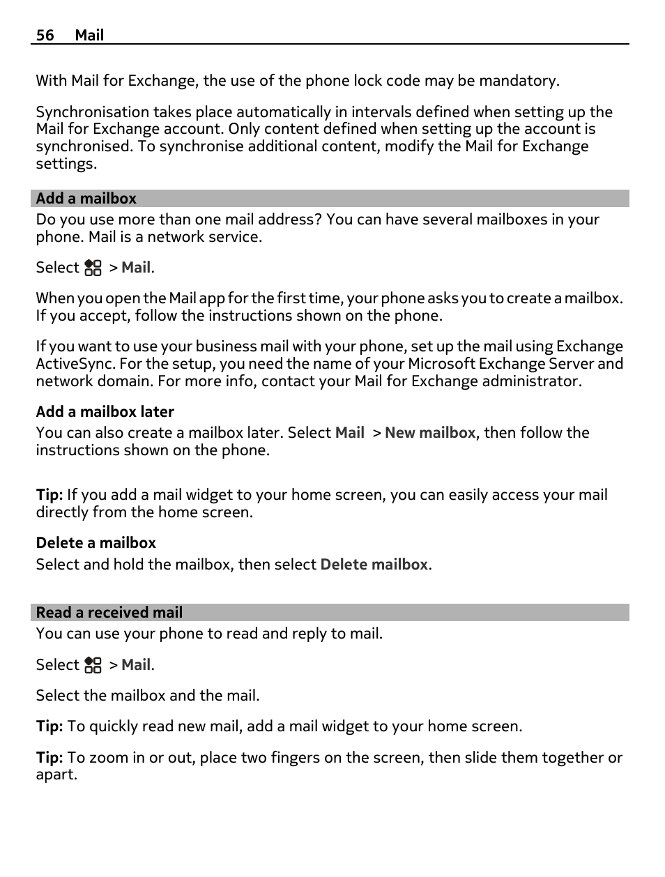 Add a mailbox, Read a received mail | Nikon Nokia C6-01 User Manual | Page 56 / 130