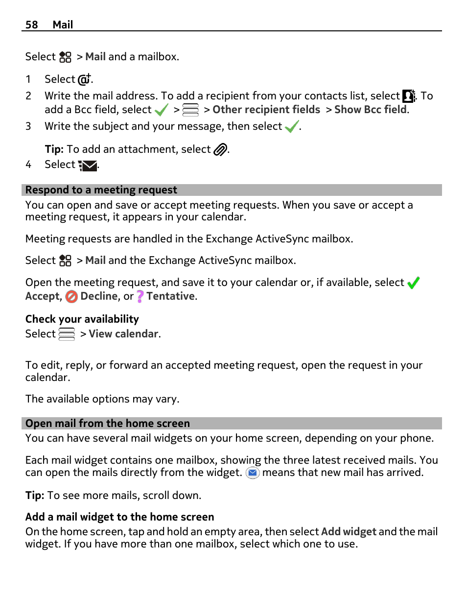 Respond to a meeting request, Open mail from the home screen | Nikon Nokia C6-01 User Manual | Page 58 / 130