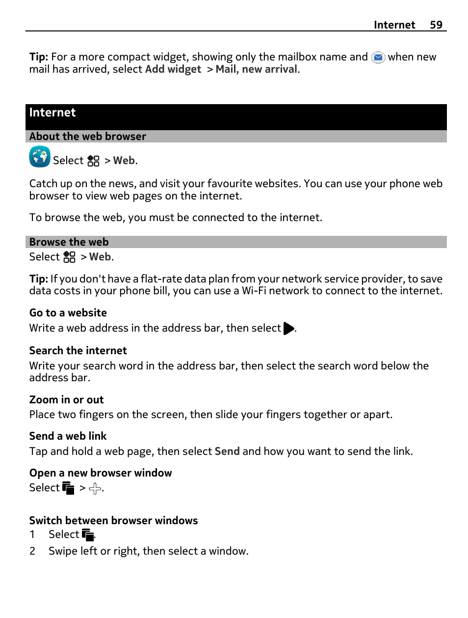 Internet, About the web browser, Browse the web | Nikon Nokia C6-01 User Manual | Page 59 / 130