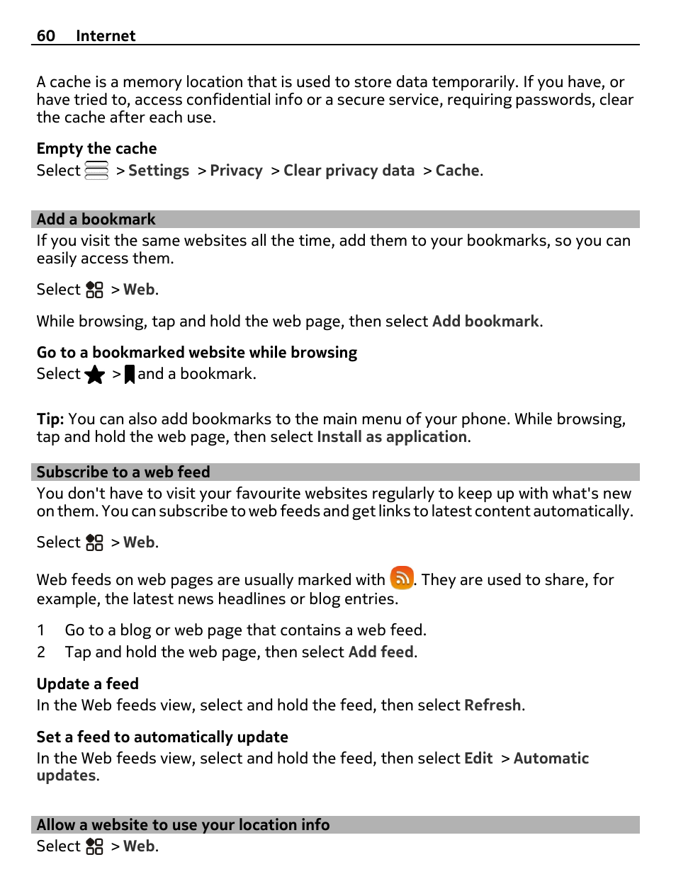 Add a bookmark, Subscribe to a web feed, Allow a website to use your location info | Allow a website to use your location, Info | Nikon Nokia C6-01 User Manual | Page 60 / 130