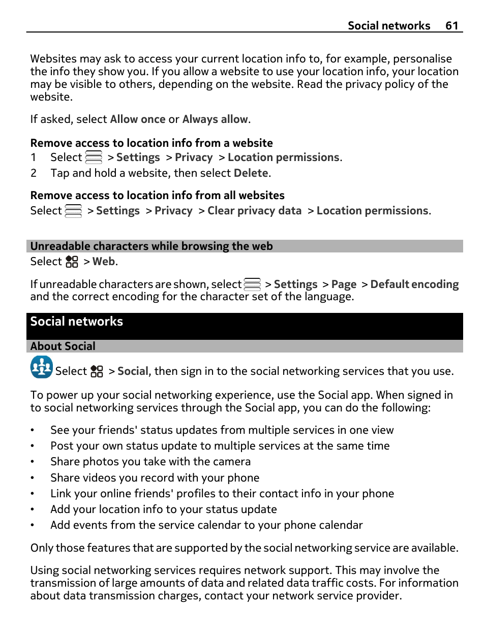 Unreadable characters while browsing the web, Social networks, About social | Unreadable characters while, Browsing the web | Nikon Nokia C6-01 User Manual | Page 61 / 130