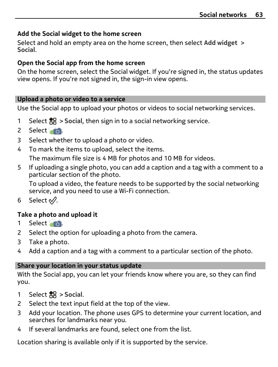 Upload a photo or video to a service, Share your location in your status update, Upload a photo or video to a service 63 | Share your location in your status, Update | Nikon Nokia C6-01 User Manual | Page 63 / 130