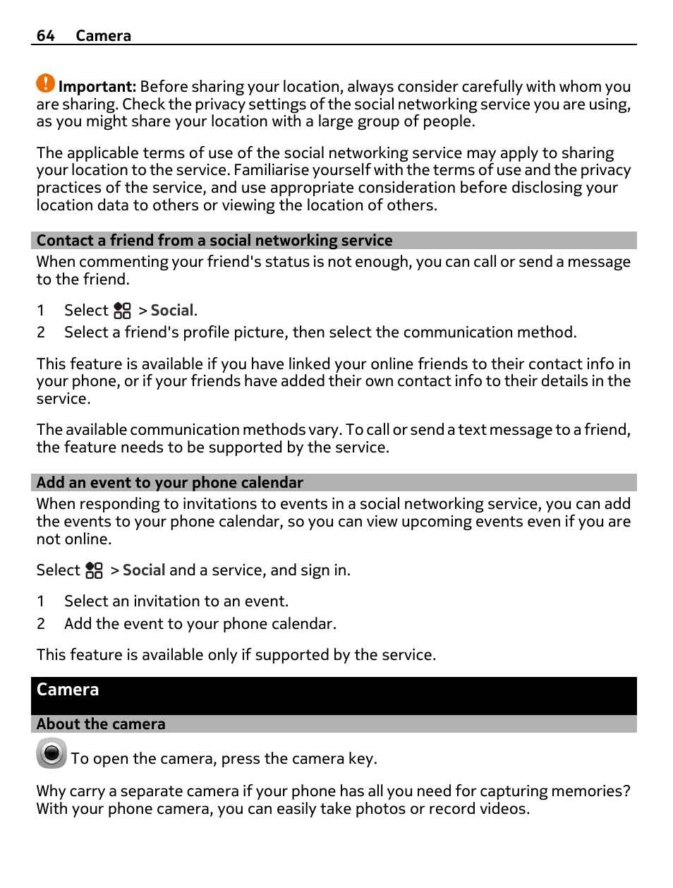 Contact a friend from a social networking service, Add an event to your phone calendar, Camera | About the camera, Contact a friend from a social, Networking service, Add an event to your phone calendar 64 | Nikon Nokia C6-01 User Manual | Page 64 / 130