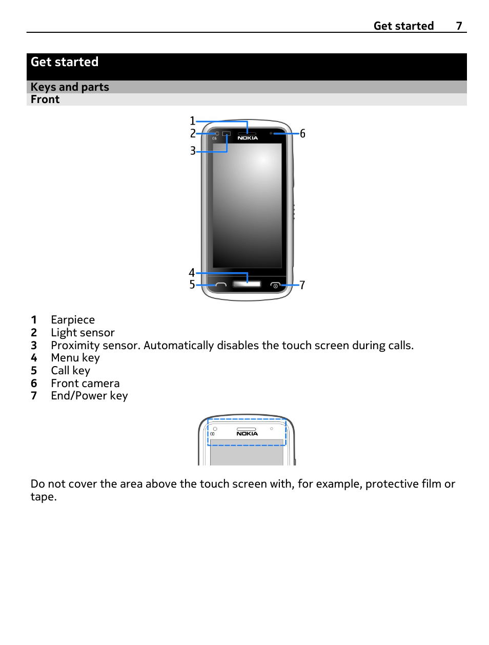 Get started, Keys and parts, Front | Nikon Nokia C6-01 User Manual | Page 7 / 130