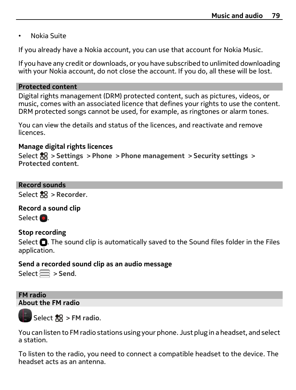 Protected content, Record sounds, Fm radio | About the fm radio | Nikon Nokia C6-01 User Manual | Page 79 / 130