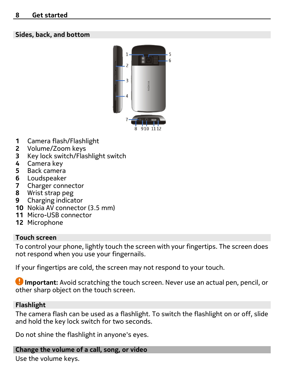 Sides, back, and bottom, Touch screen, Flashlight | Change the volume of a call, song, or video, Change the volume of a call, song, or, Video | Nikon Nokia C6-01 User Manual | Page 8 / 130