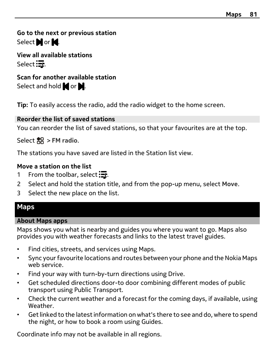 Reorder the list of saved stations, Maps, About maps apps | Nikon Nokia C6-01 User Manual | Page 81 / 130