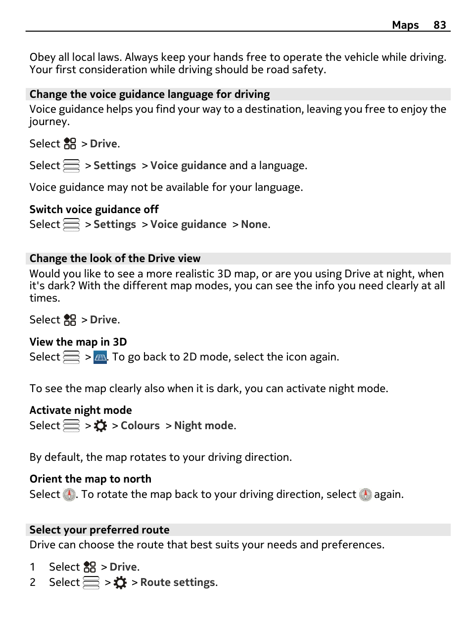 Change the voice guidance language for driving, Change the look of the drive view, Select your preferred route | Nikon Nokia C6-01 User Manual | Page 83 / 130