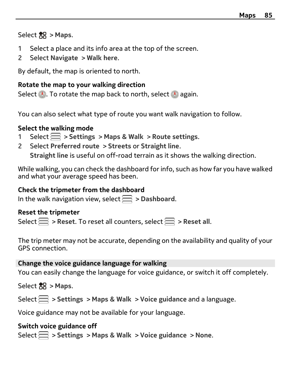 Change the voice guidance language for walking | Nikon Nokia C6-01 User Manual | Page 85 / 130