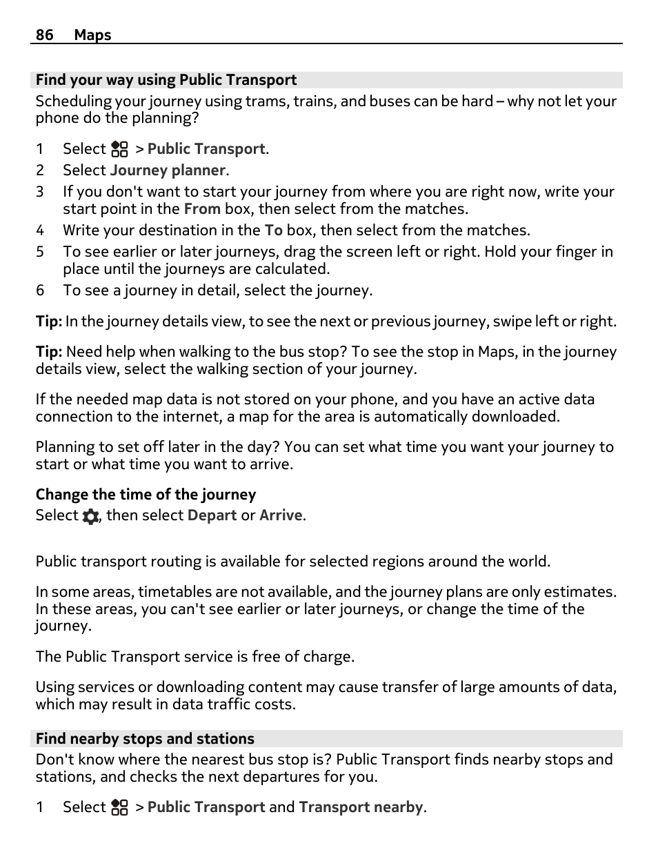 Find your way using public transport, Find nearby stops and stations | Nikon Nokia C6-01 User Manual | Page 86 / 130