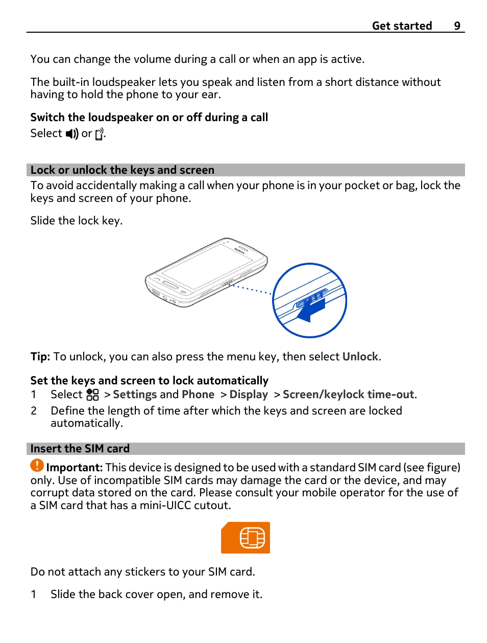 Lock or unlock the keys and screen, Insert the sim card | Nikon Nokia C6-01 User Manual | Page 9 / 130