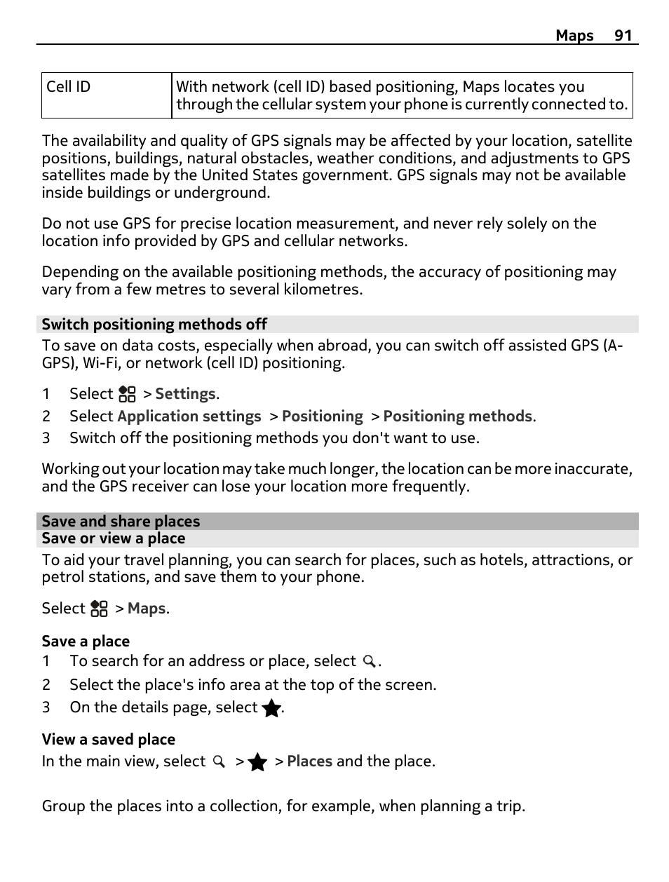 Switch positioning methods off, Save and share places, Save or view a place | Nikon Nokia C6-01 User Manual | Page 91 / 130