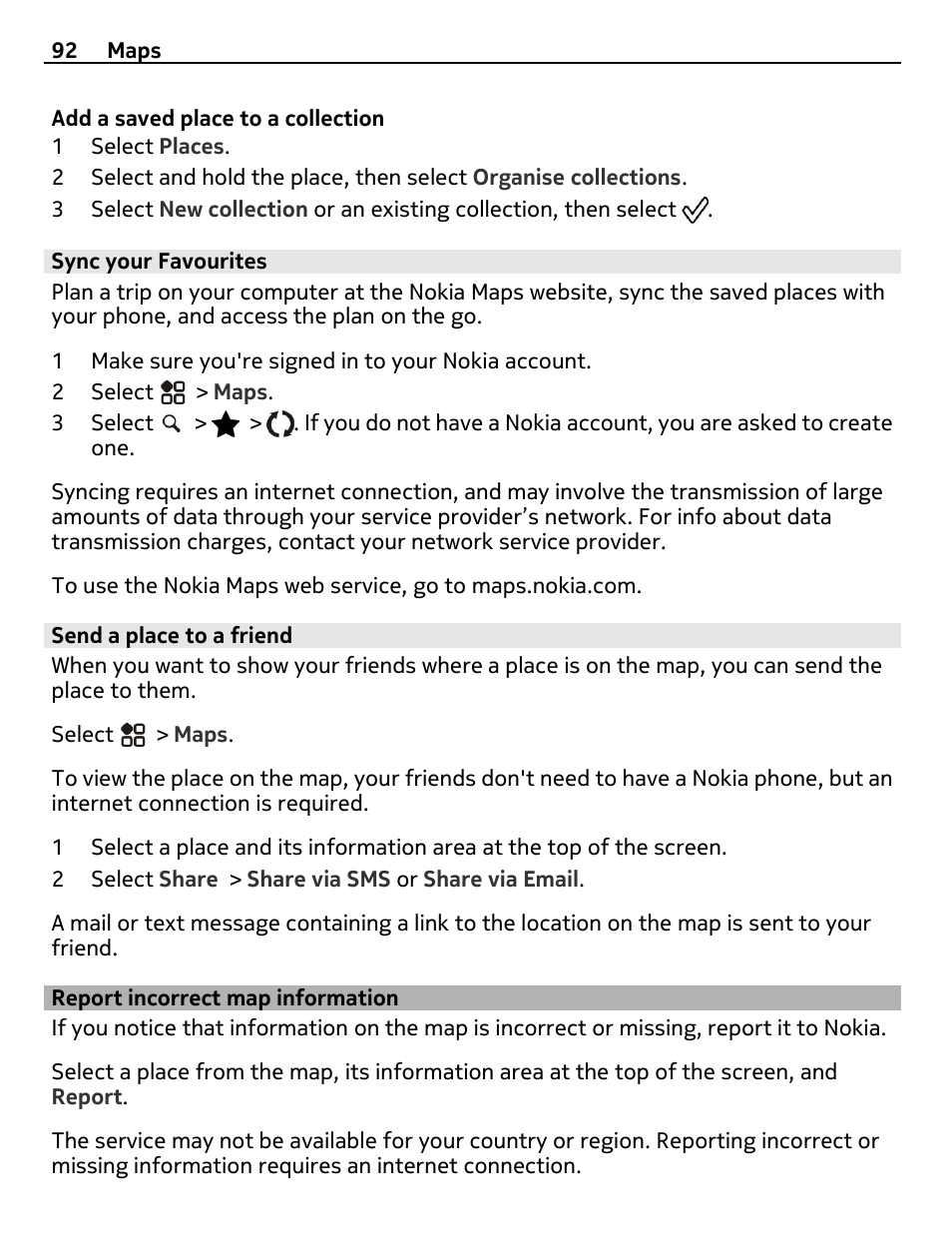 Sync your favourites, Send a place to a friend, Report incorrect map information | Nikon Nokia C6-01 User Manual | Page 92 / 130