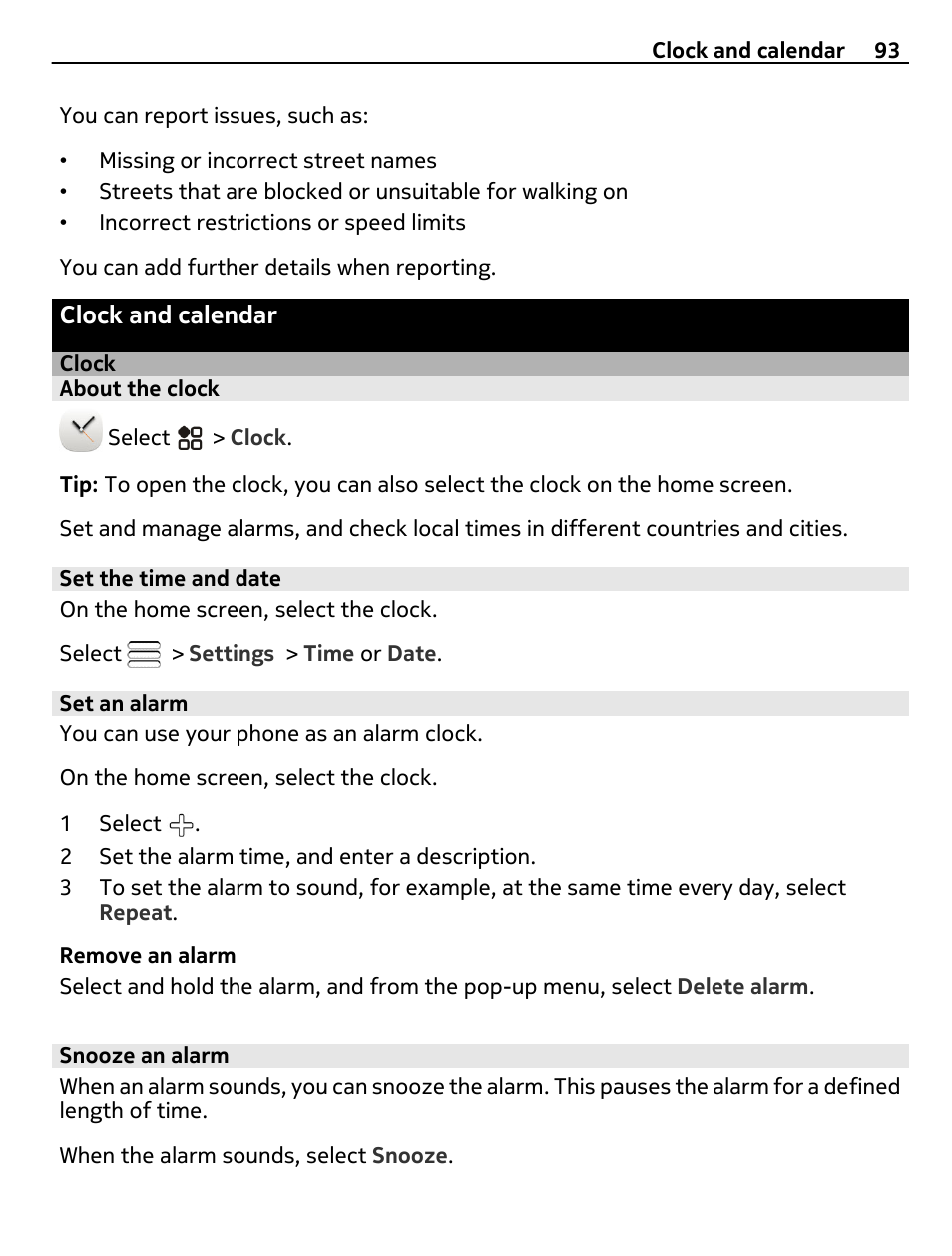 Clock and calendar, Clock, About the clock | Set the time and date, Set an alarm, Snooze an alarm | Nikon Nokia C6-01 User Manual | Page 93 / 130