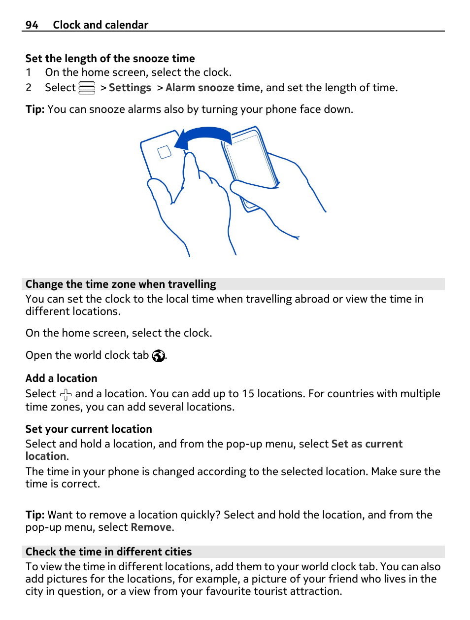 Change the time zone when travelling, Check the time in different cities | Nikon Nokia C6-01 User Manual | Page 94 / 130