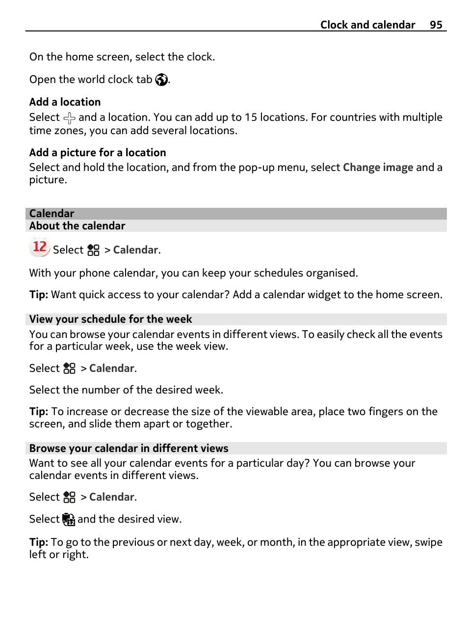 Calendar, About the calendar, View your schedule for the week | Browse your calendar in different views | Nikon Nokia C6-01 User Manual | Page 95 / 130