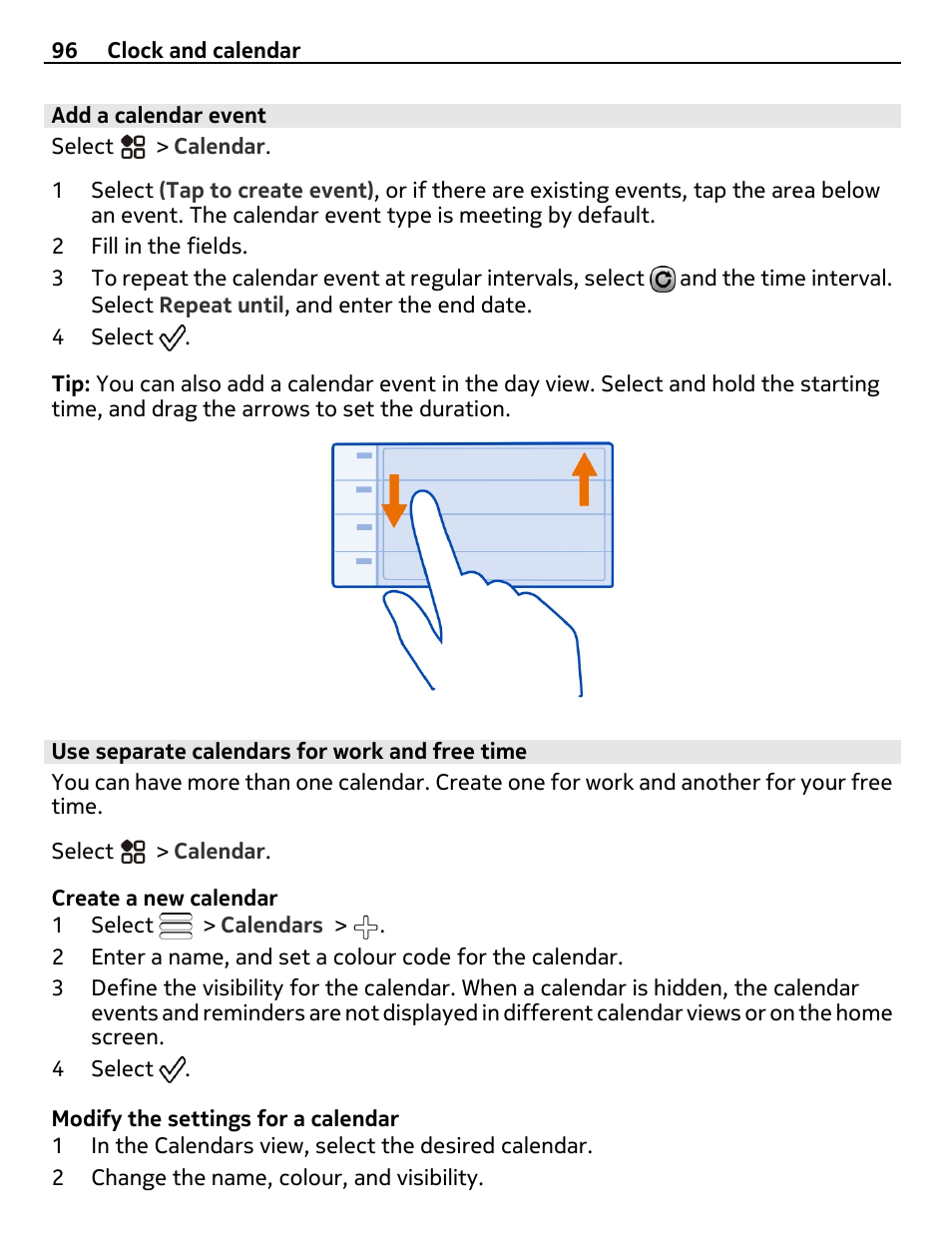 Add a calendar event, Use separate calendars for work and free time | Nikon Nokia C6-01 User Manual | Page 96 / 130