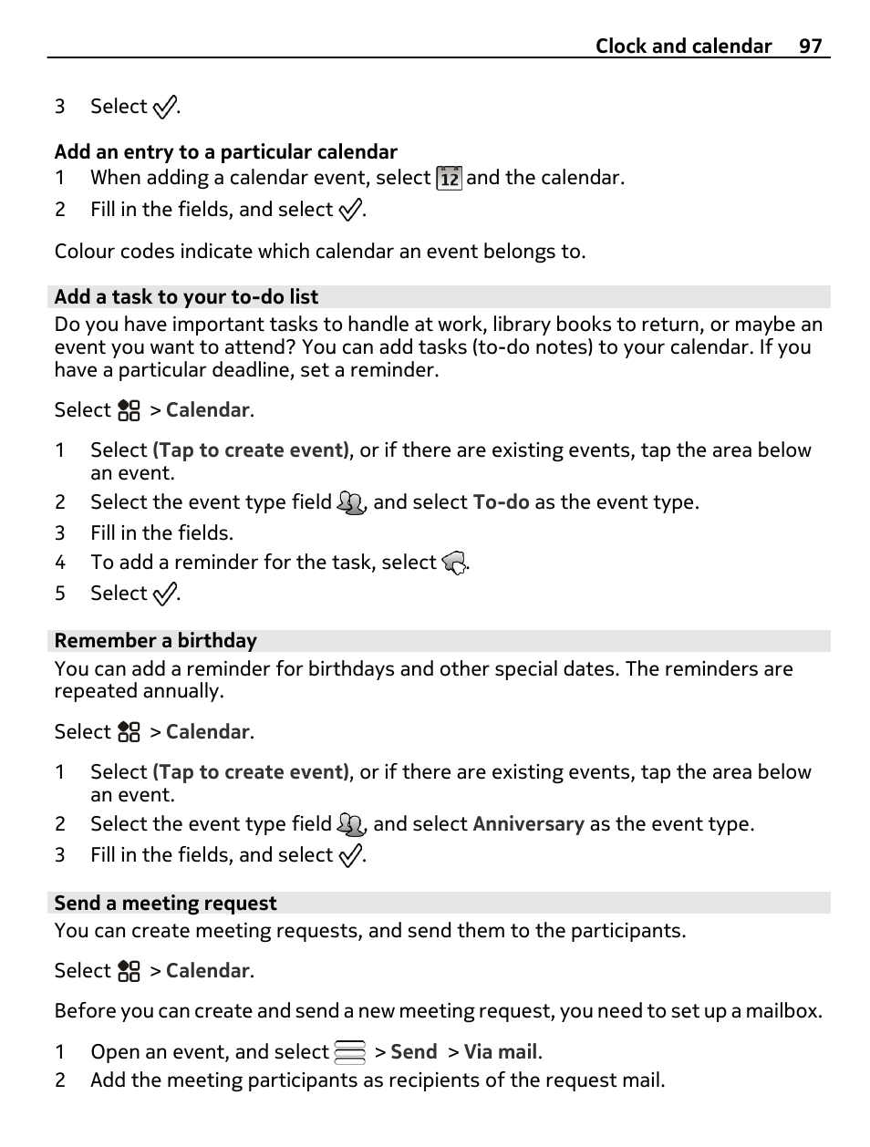 Add a task to your to-do list, Remember a birthday, Send a meeting request | Nikon Nokia C6-01 User Manual | Page 97 / 130