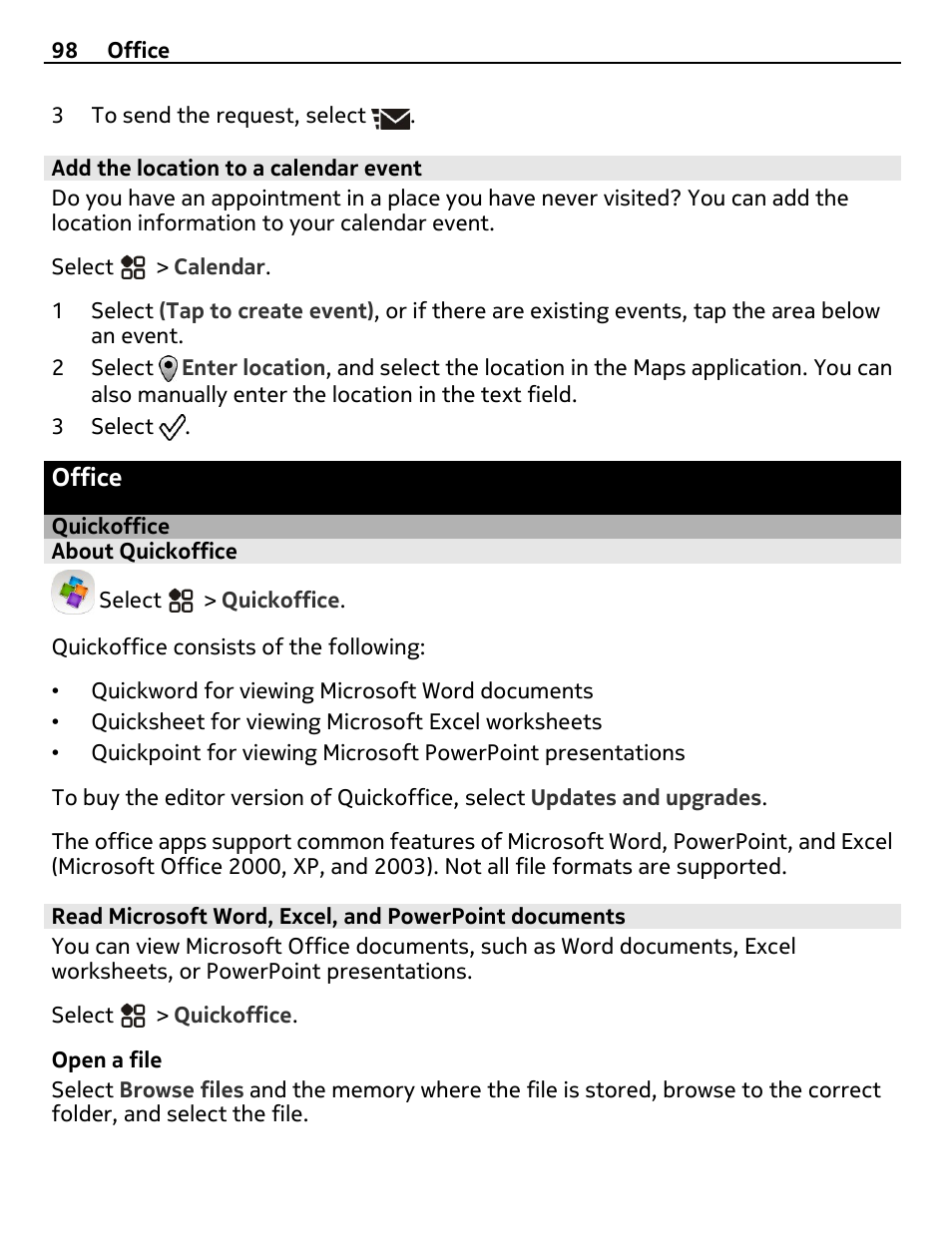 Add the location to a calendar event, Office, Quickoffice | About quickoffice | Nikon Nokia C6-01 User Manual | Page 98 / 130