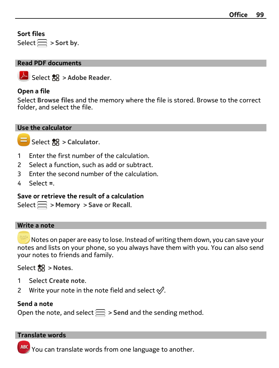 Read pdf documents, Use the calculator, Write a note | Translate words | Nikon Nokia C6-01 User Manual | Page 99 / 130