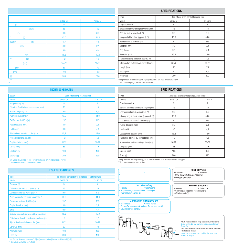 Specifications, Specifications especificaciones | Nikon 7x15D CF User Manual | Page 2 / 2