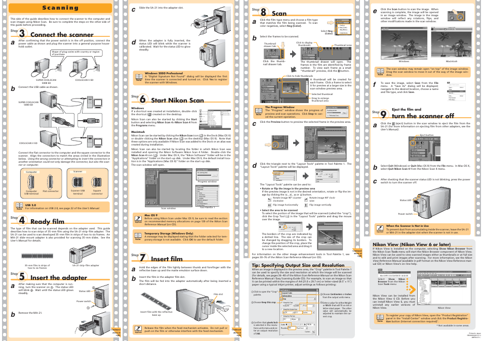 Connect the scanner, Insert fi lm, Ready fi lm | Insert the adapter, Scan, Start nikon scan, Turn the scanner off | Nikon Super Coolscan 5000 ED User Manual | Page 2 / 2