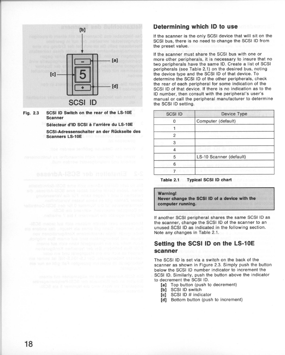 Scsi id, Determining which id to use, Setting the scsi id on the ls-10e scanner | Nikon 35MM Film Scanner LS-10E User Manual | Page 18 / 82