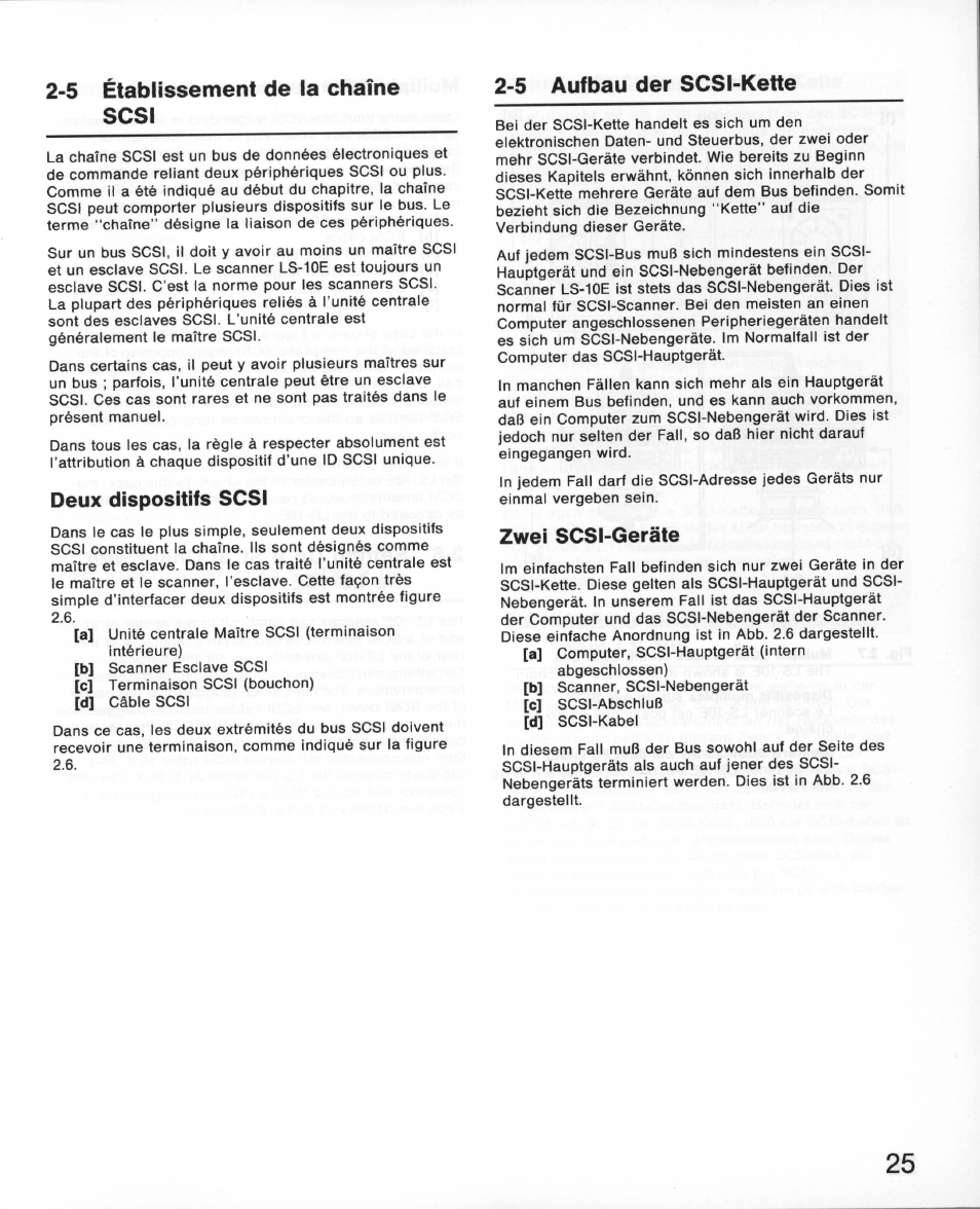 5 établissement de la chaîne, Scsi, Deux dispositifs scsi | 5 aufbau der scsi-kette, Zwei scsi-geräte, 5 établissement de la chaîne scsi | Nikon 35MM Film Scanner LS-10E User Manual | Page 25 / 82