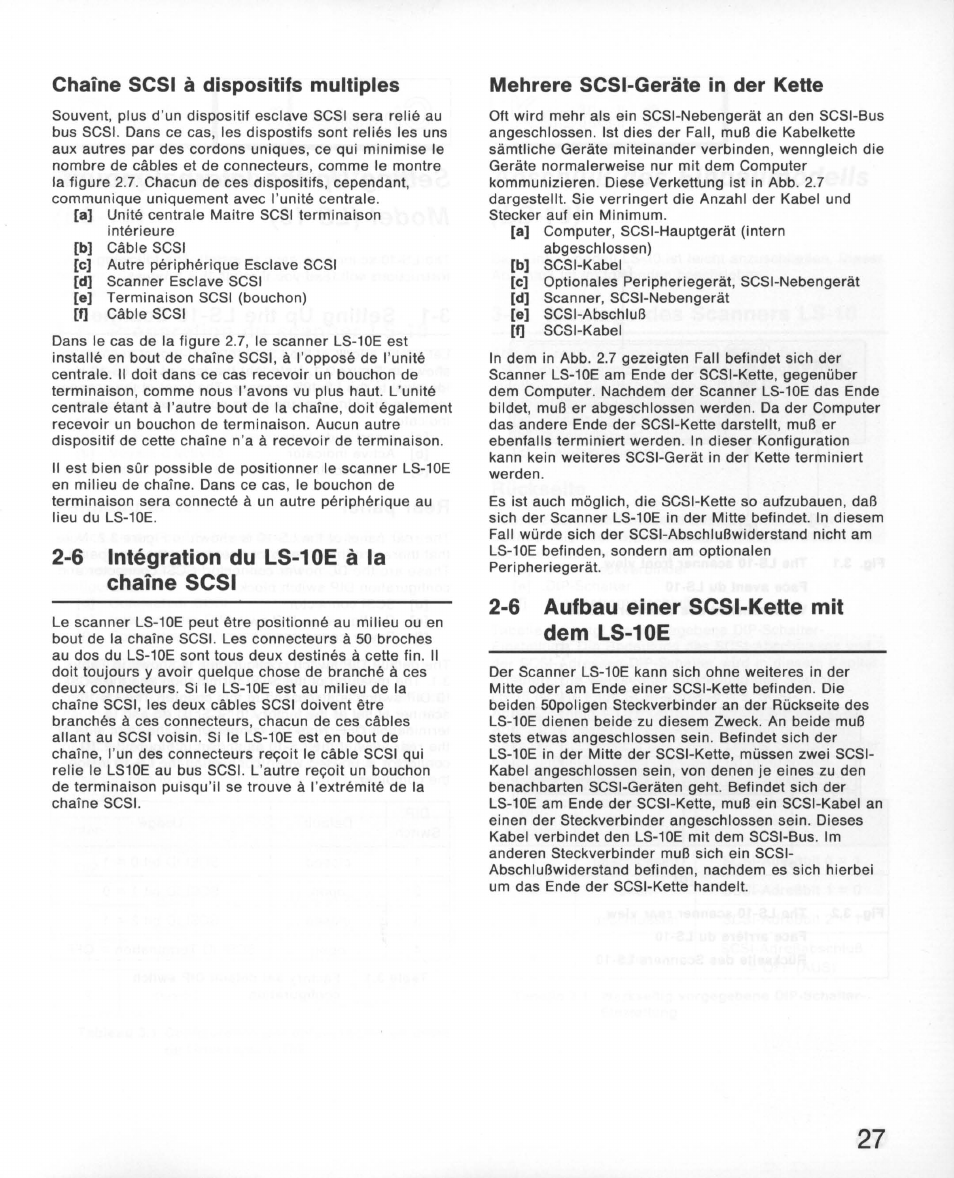 Chaîne scsi à dispositifs multipies, Mehrere scsi-geräte in der kette, 6 intégration du ls-10e à la chaîne scsi | 6 aufbau einer scsi-kette mit dem ls-10e, Aufbau einer scsi-kette mit dem ls-10e | Nikon 35MM Film Scanner LS-10E User Manual | Page 27 / 82