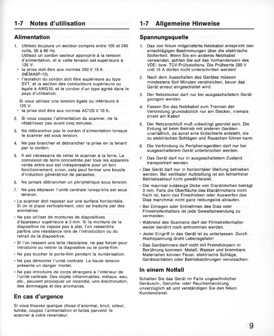 7 notes d’utilisation, 7 allgemeine hinweise, Alimentation | En cas d’urgence, Spannungsquelle, In einem notfall, 7 notes d'utilisation, Allgemeine hinweise | Nikon 35MM Film Scanner LS-10E User Manual | Page 9 / 82