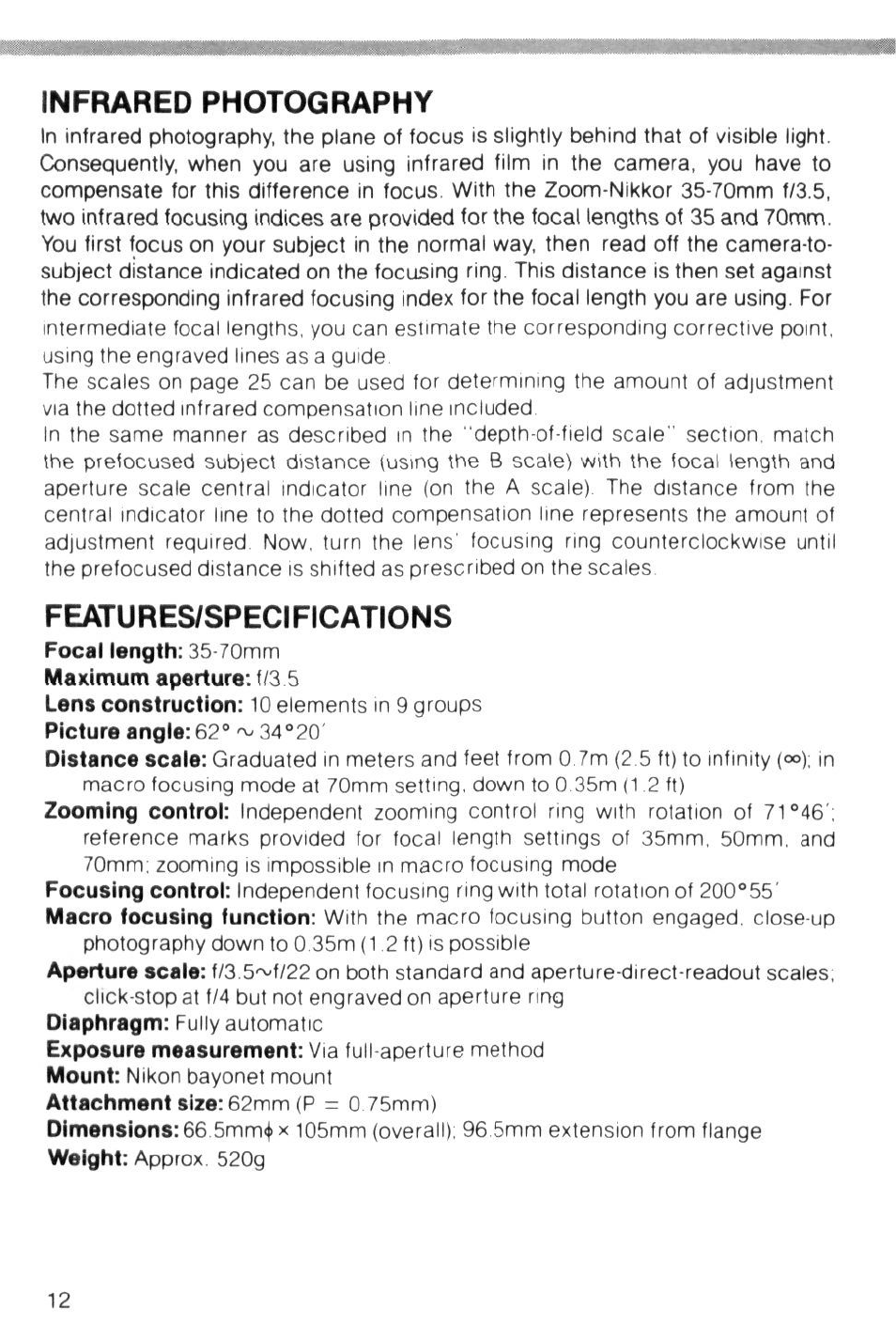 Infrared photography, Features/specifications | Nikon Camera Lens User Manual | Page 12 / 33
