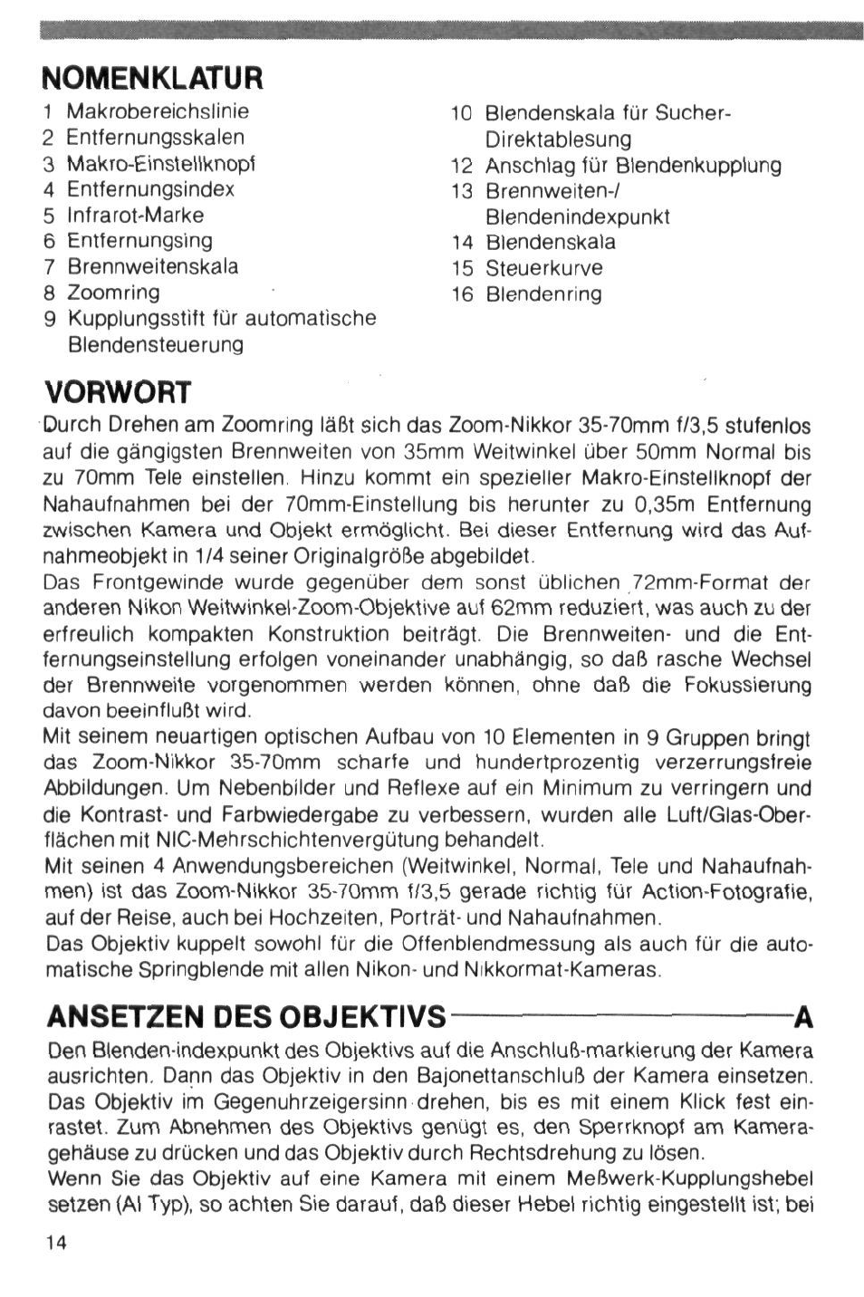 Vorwort, Anset2en des objektivs a, Nomenklatur | Nikon Camera Lens User Manual | Page 14 / 33