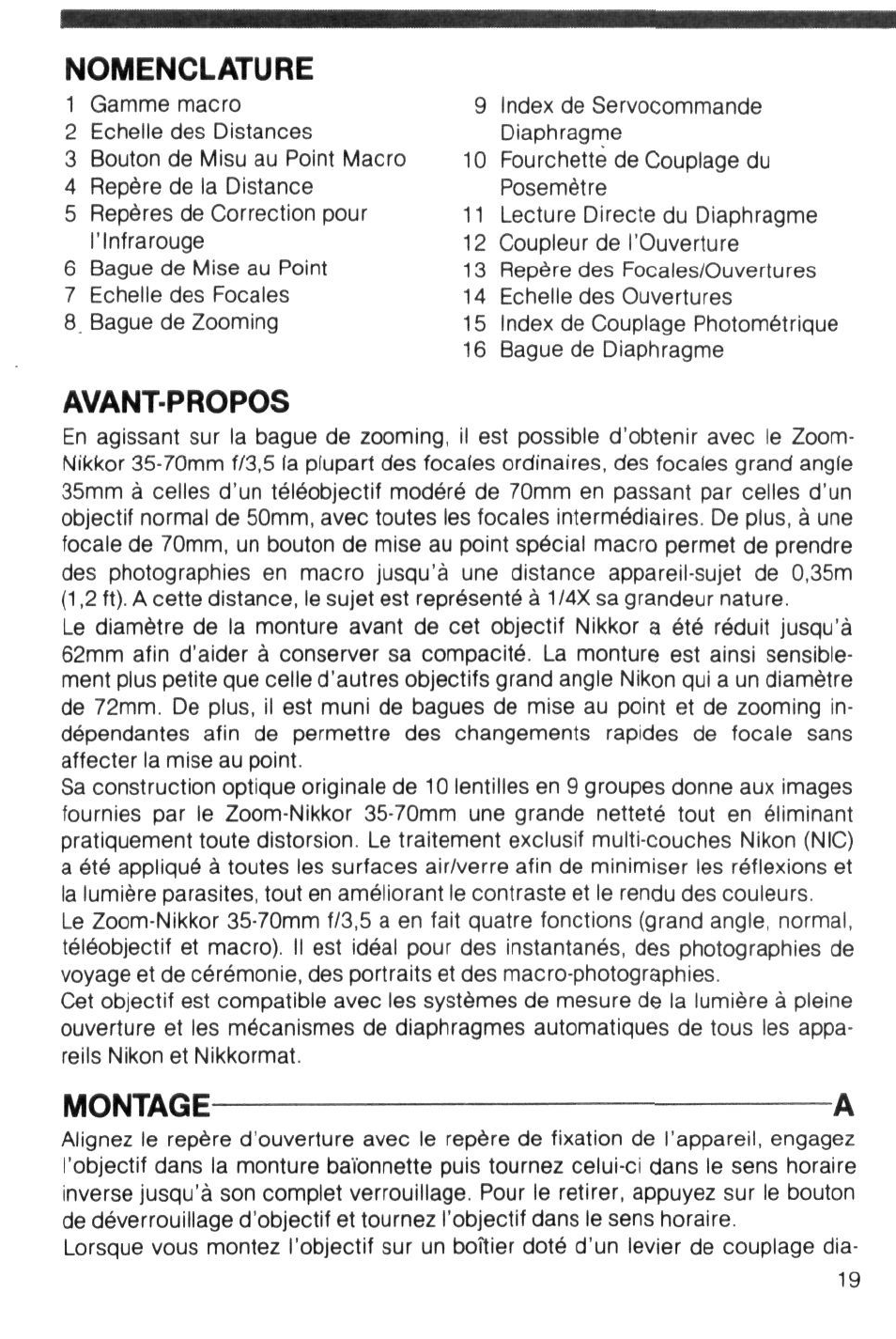 Avant-propos, Montage a, Nomenclature | Nikon Camera Lens User Manual | Page 19 / 33