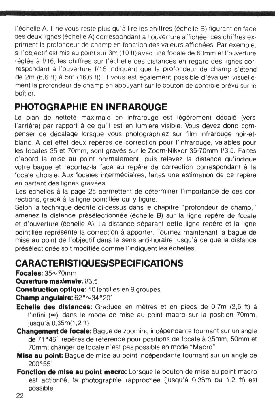 Photographie en infrarouge, Caracteristiques/specifications | Nikon Camera Lens User Manual | Page 22 / 33