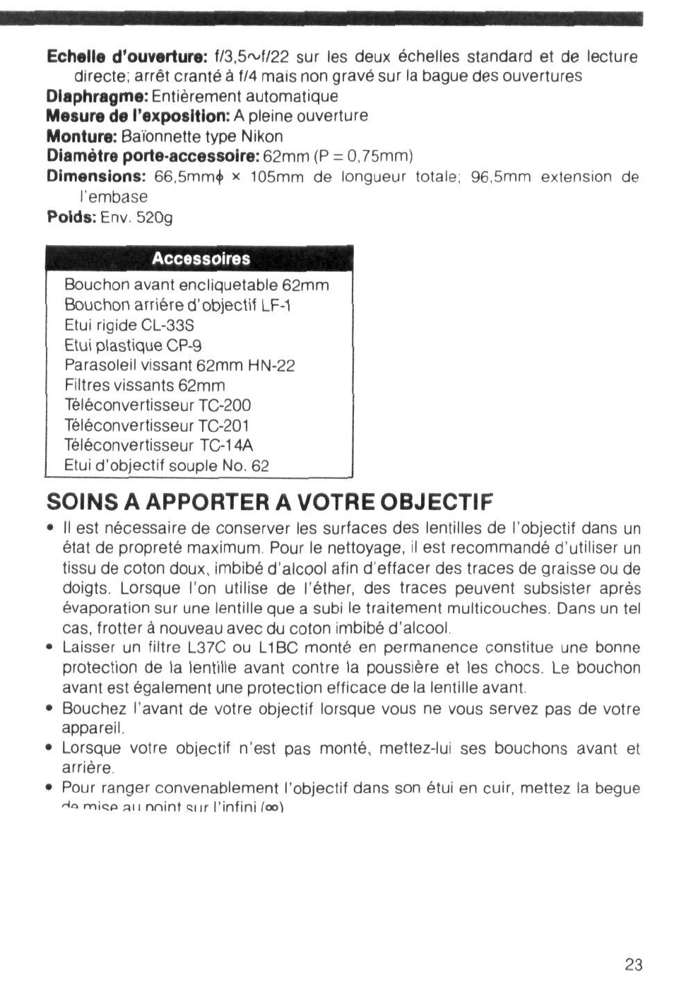 Soins a apporter a votre objectif | Nikon Camera Lens User Manual | Page 23 / 33