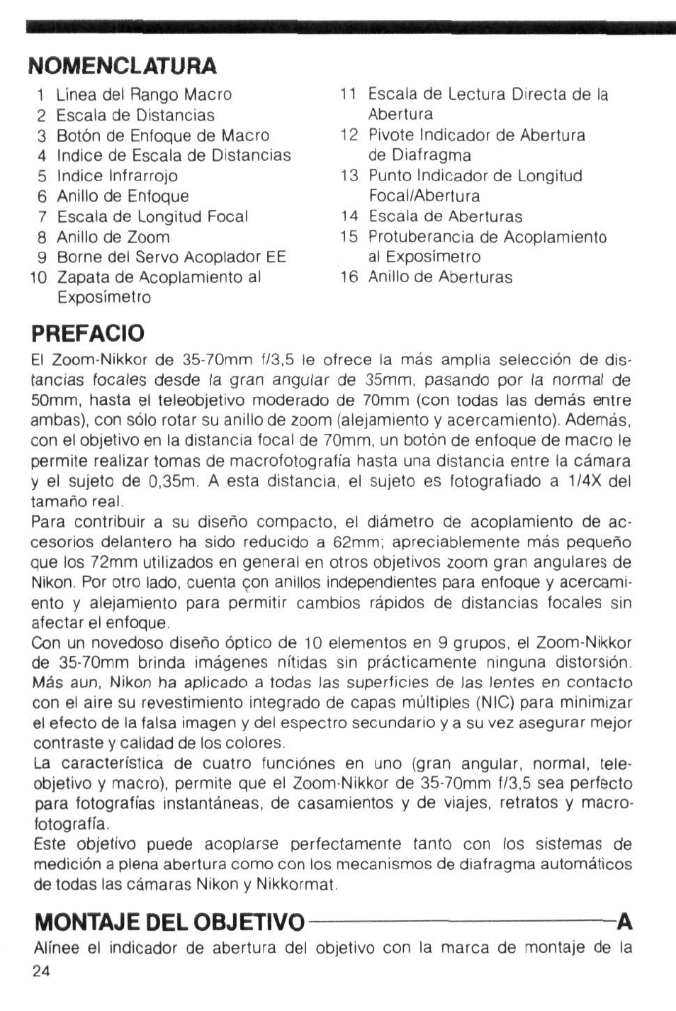 Nomenclatura, Prefacio, Montaje del objetivo a | Nikon Camera Lens User Manual | Page 24 / 33