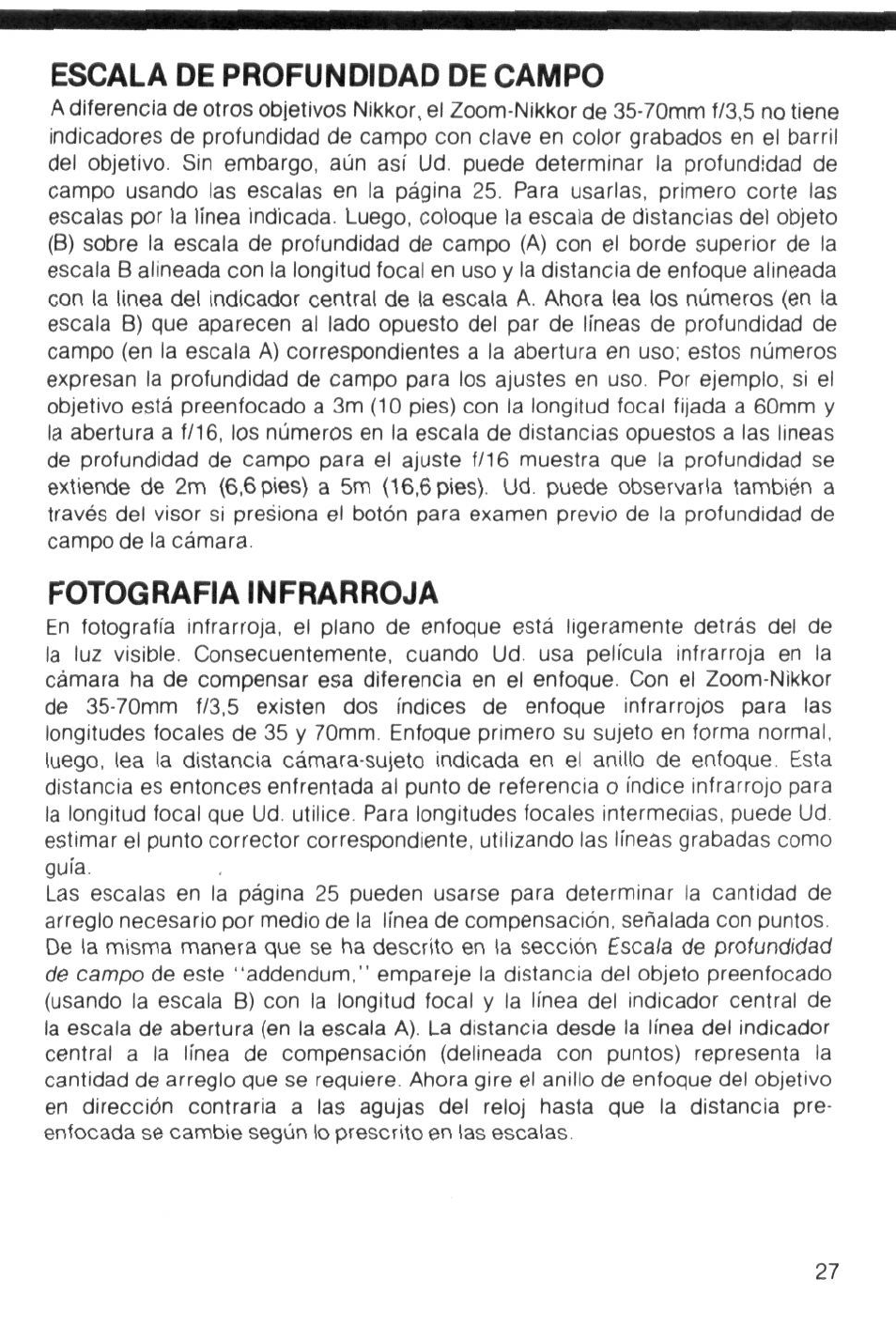 Escala de profundidad de campo, Fotografia infrarroja | Nikon Camera Lens User Manual | Page 27 / 33