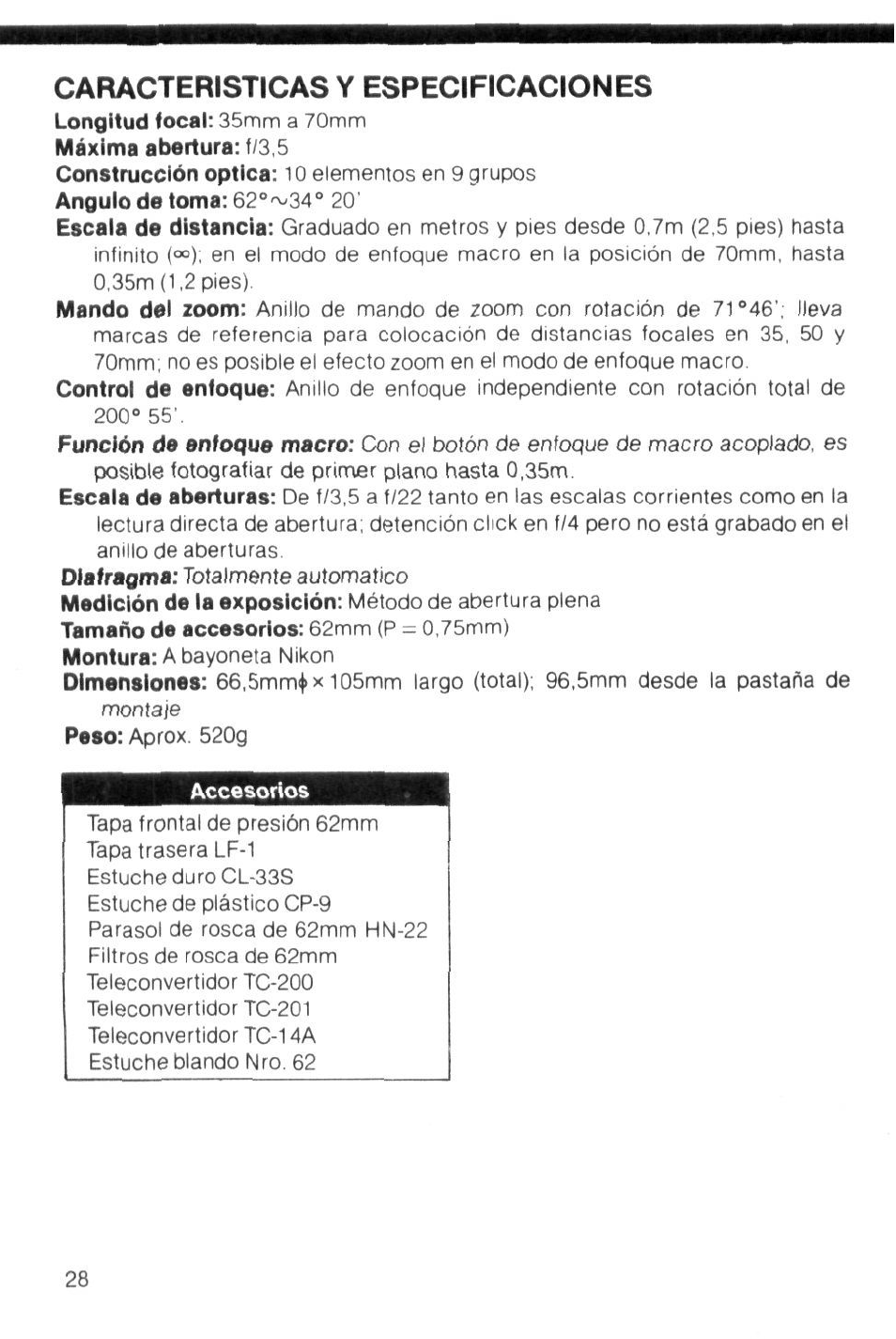 Caracteristicas y especificaciones | Nikon Camera Lens User Manual | Page 28 / 33