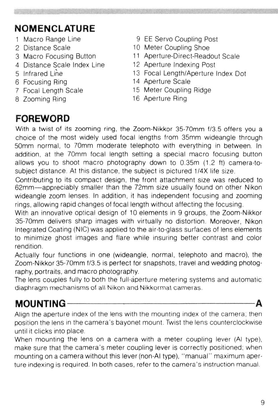 Foreword, Mounting a, Nomenclature | Nikon Camera Lens User Manual | Page 9 / 33