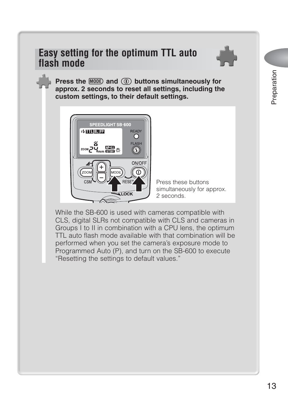 Easy setting for the optimum ttl auto flash mode | Nikon Speedlight SB-600 User Manual | Page 13 / 92