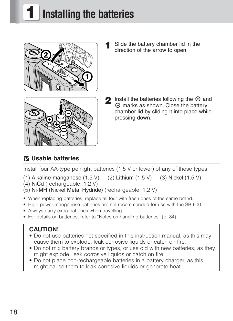 Installing the batteries | Nikon Speedlight SB-600 User Manual | Page 18 / 92